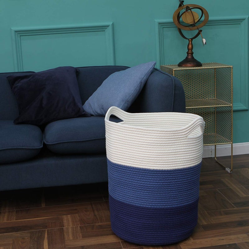 Sea Team Large Size Cotton Rope Woven Storage Basket with Handles, Laundry Hamper, Fabric Bucket, Drum, Clothes Toys Organizer for Kid's Room, 20 x 14 inches, Round Open Design, White & Navy - Image 3